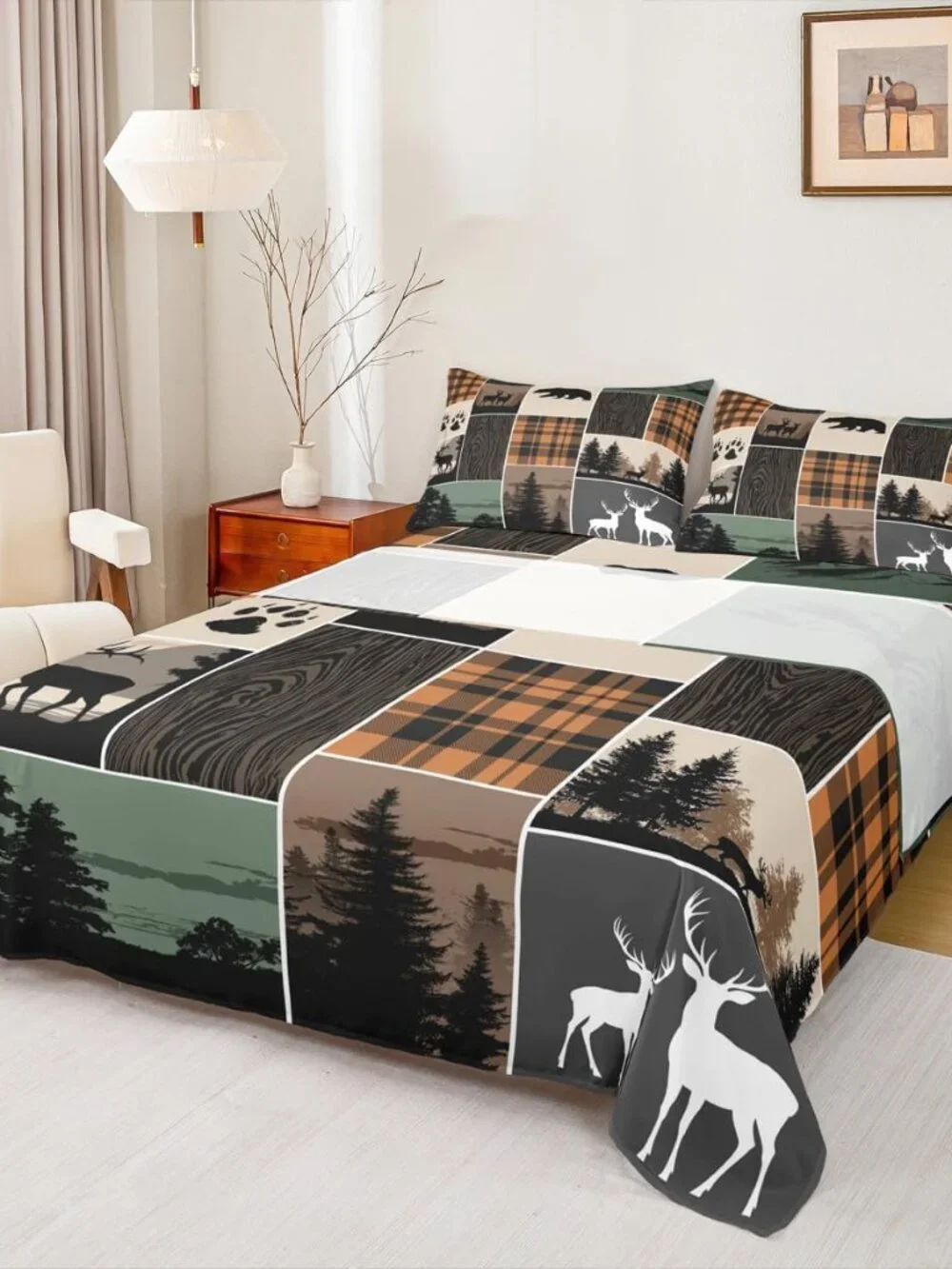 Rustic Cabin Fitted Sheet Twin Size, Hunting Bear Deer Bed Sheets For Kids Teens